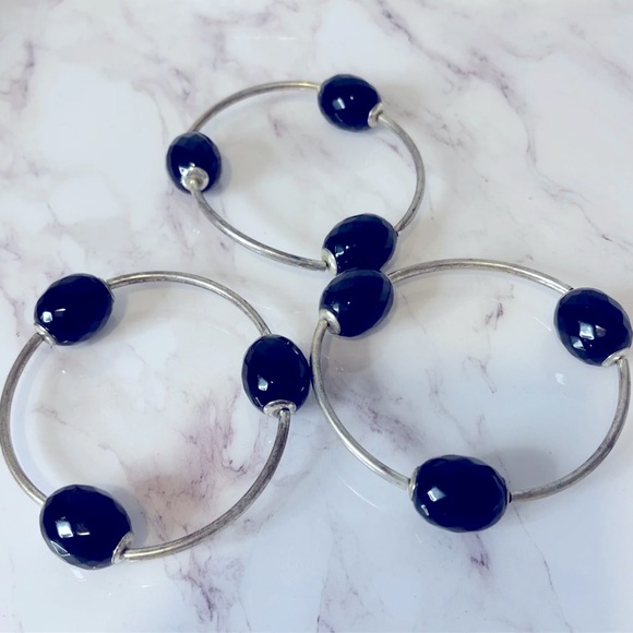 Sterling silver bracelets with black beads - set of 3 stretchy - Picture 3 of 4